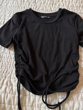 Zara Black Ribbed Short Sleeve Side-Tie Tee